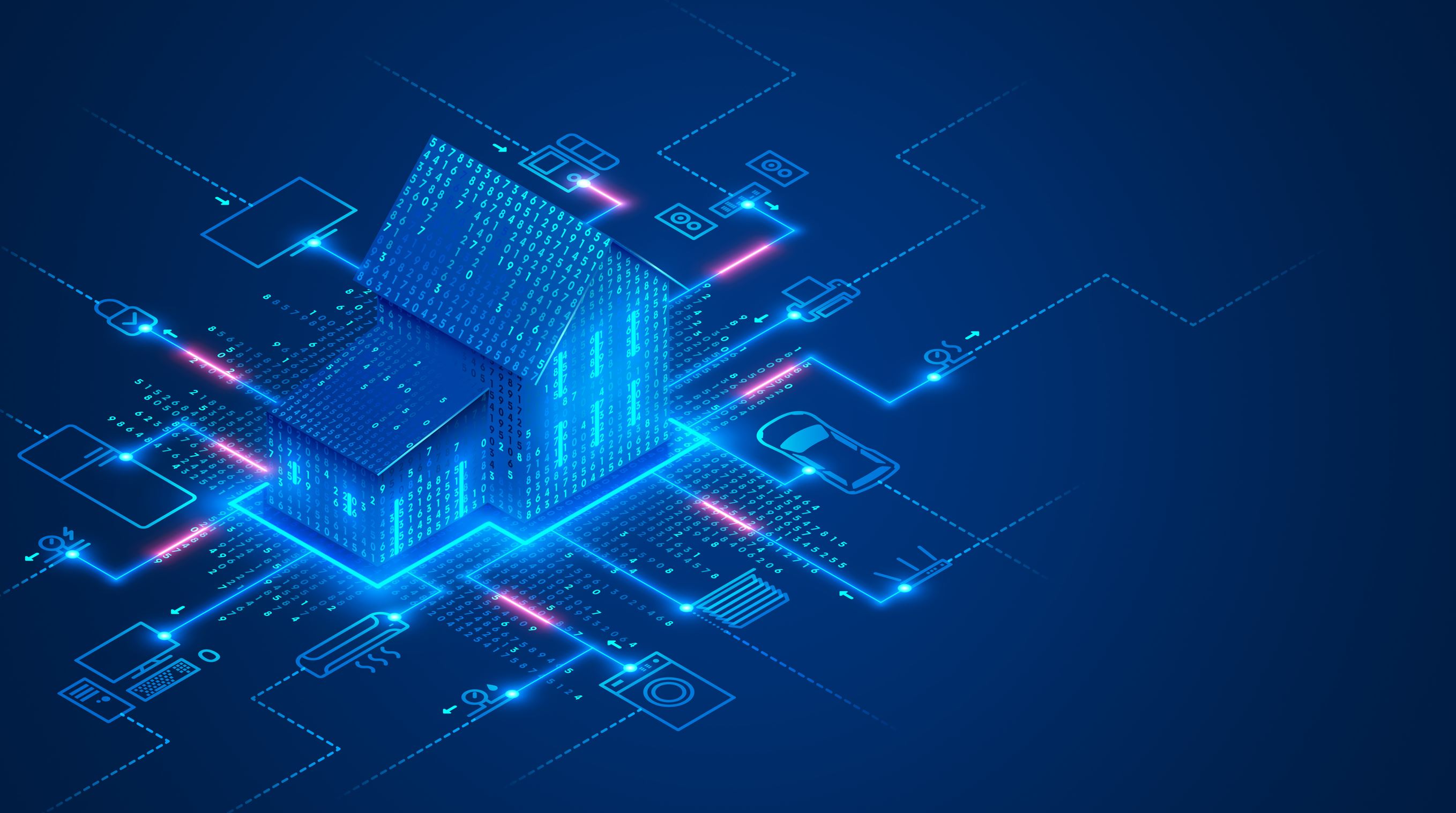 Smart home technology conceptual banner. Building consists digits and connected with icons of domestic smart devices. illustration concept of System intelligent control house on blue background. IOT.